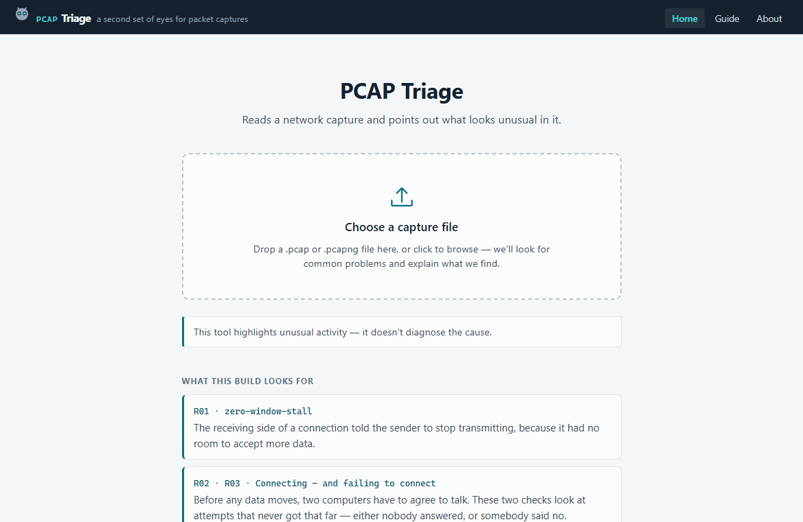 The application's opening screen. A dashed drop zone headed "Choose a capture file" fills the centre, above a note reading "This tool highlights unusual activity — it doesn't diagnose the cause" and the start of a list describing each check the build runs.